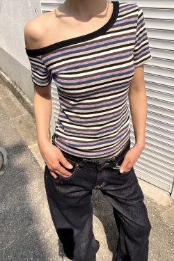 Color Block Striped Asymmetrical One-Shoulder Slim Fit Short Sleeve T-Shirt for Women - 2025 Trendy Casual Fashion