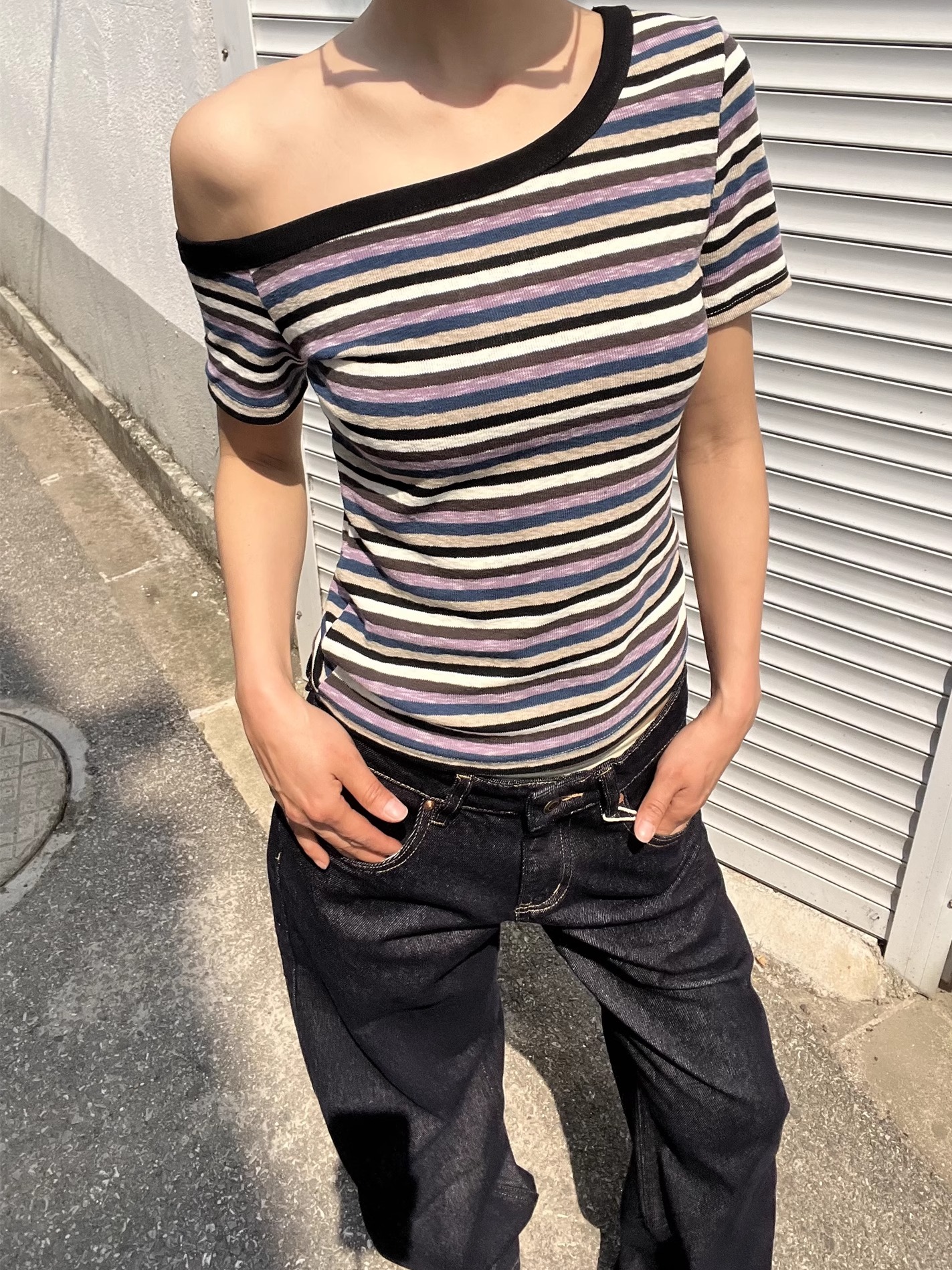 Color Block Striped Asymmetrical One-Shoulder Slim Fit Short Sleeve T-Shirt for Women - 2025 Trendy Casual Fashion Color Block Striped Asymmetrical One-Shoulder Slim Fit Short Sleeve T-Shirt for Women - 2025 Trendy Casual Fashion