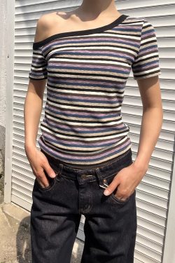 Color Block Striped Asymmetrical One-Shoulder Slim Fit Short Sleeve T-Shirt for Women - 2025 Trendy Casual Fashion