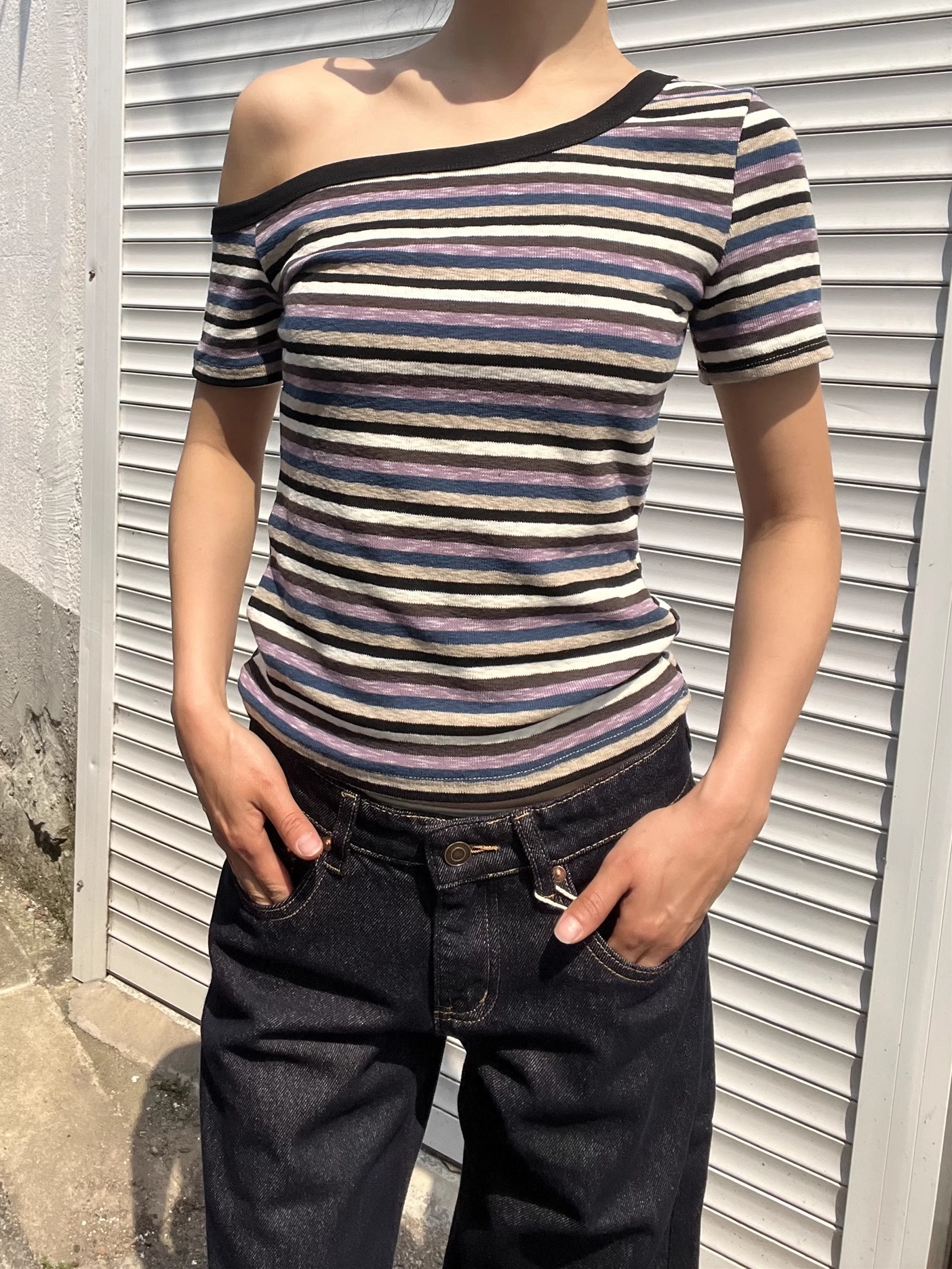 Color Block Striped Asymmetrical One-Shoulder Slim Fit Short Sleeve T-Shirt for Women - 2025 Trendy Casual Fashion Color Block Striped Asymmetrical One-Shoulder Slim Fit Short Sleeve T-Shirt for Women - 2025 Trendy Casual Fashion