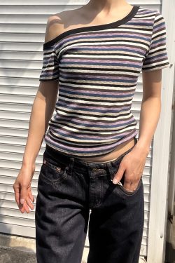 Color Block Striped Asymmetrical One-Shoulder Slim Fit Short Sleeve T-Shirt for Women - 2025 Trendy Casual Fashion