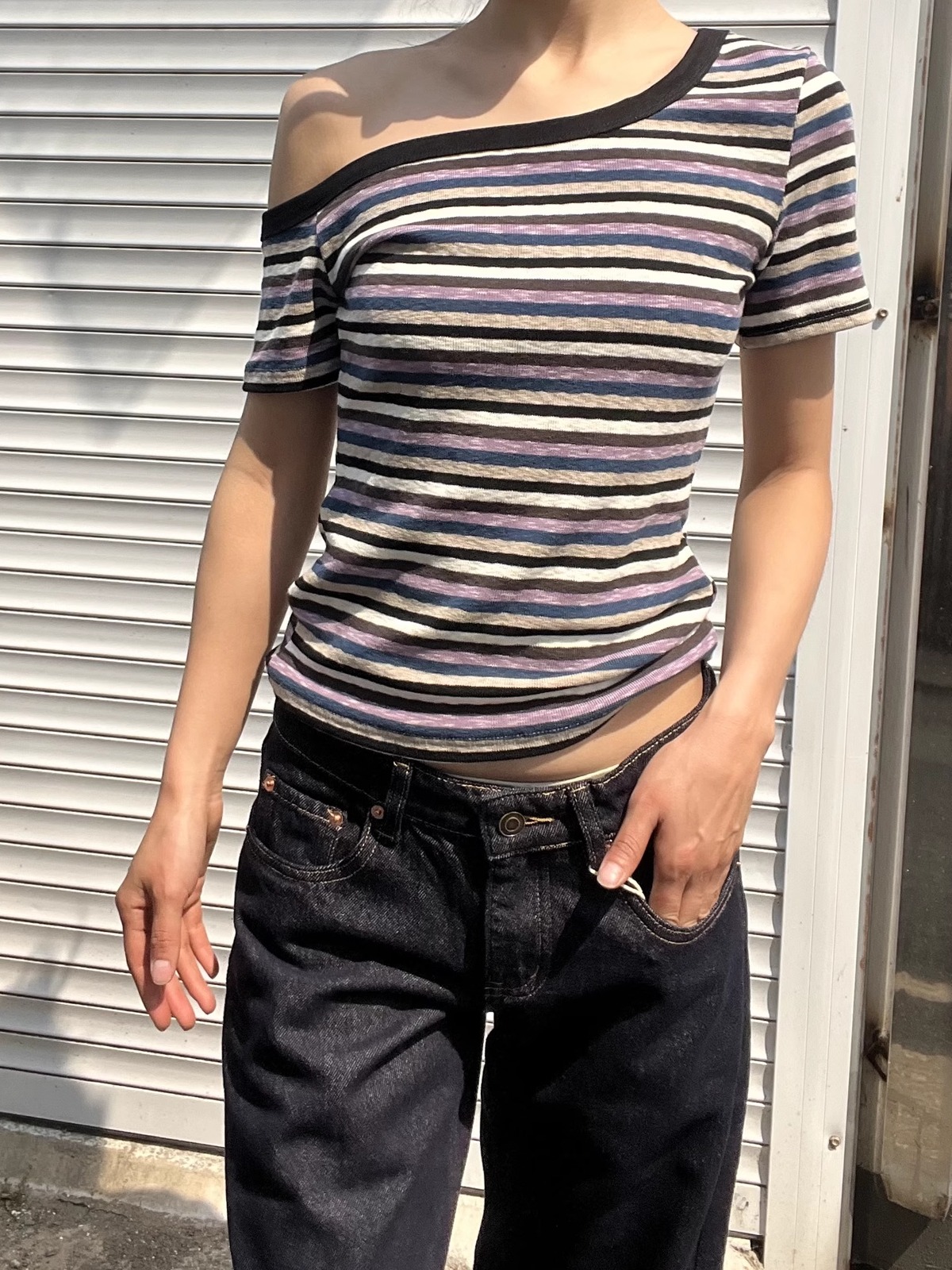 Color Block Striped Asymmetrical One-Shoulder Slim Fit Short Sleeve T-Shirt for Women - 2025 Trendy Casual Fashion Color Block Striped Asymmetrical One-Shoulder Slim Fit Short Sleeve T-Shirt for Women - 2025 Trendy Casual Fashion