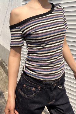 Color Block Striped Asymmetrical One-Shoulder Slim Fit Short Sleeve T-Shirt for Women - 2025 Trendy Casual Fashion