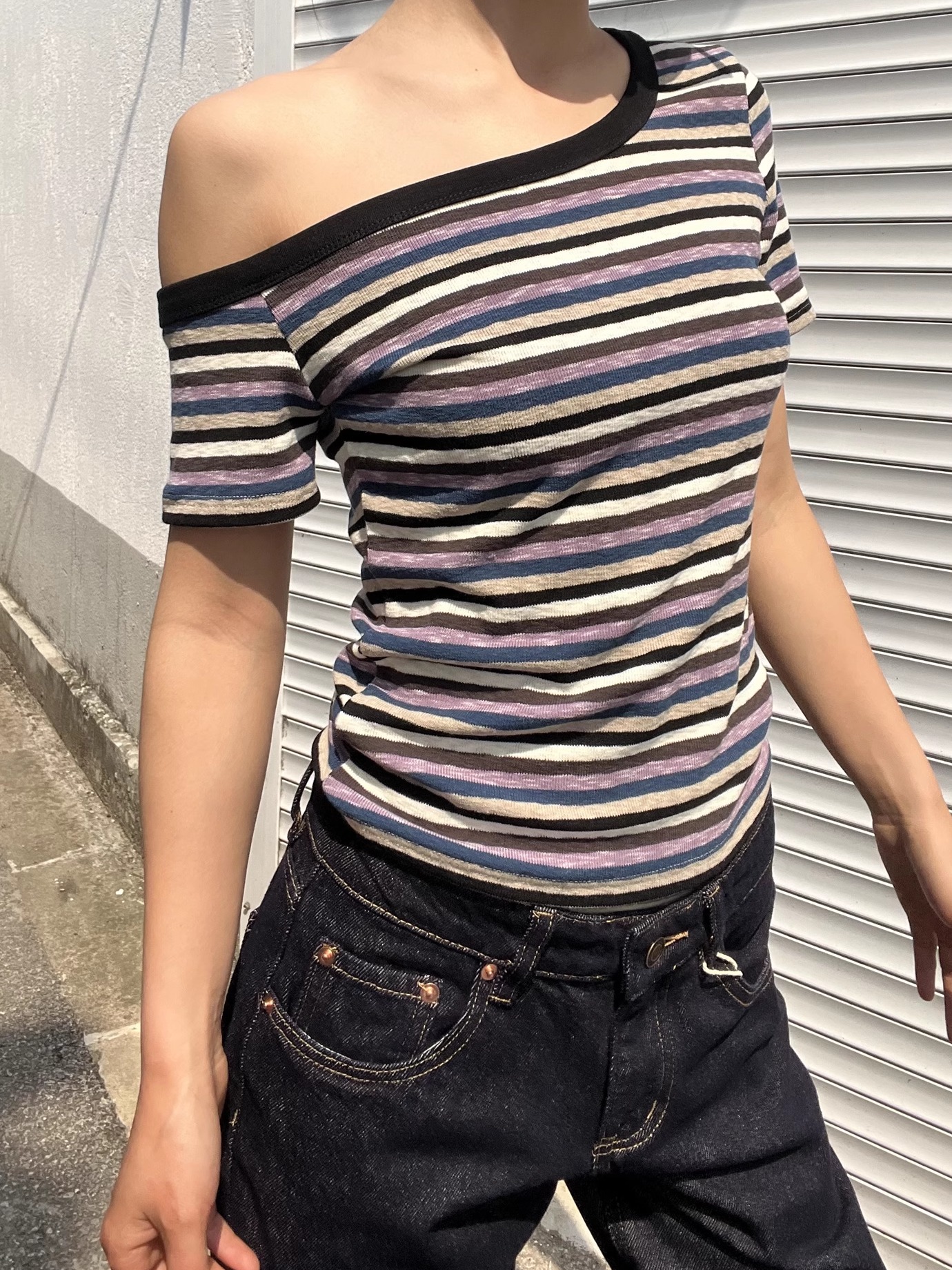 Color Block Striped Asymmetrical One-Shoulder Slim Fit Short Sleeve T-Shirt for Women - 2025 Trendy Casual Fashion Color Block Striped Asymmetrical One-Shoulder Slim Fit Short Sleeve T-Shirt for Women - 2025 Trendy Casual Fashion