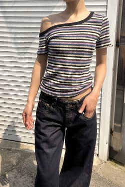 Color Block Striped Asymmetrical One-Shoulder Slim Fit Short Sleeve T-Shirt for Women - 2025 Trendy Casual Fashion