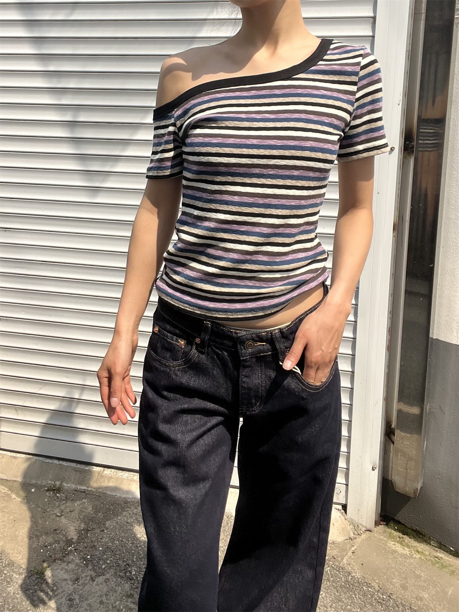 Color Block Striped Asymmetrical One-Shoulder Slim Fit Short Sleeve T-Shirt for Women - 2025 Trendy Casual Fashion Color Block Striped Asymmetrical One-Shoulder Slim Fit Short Sleeve T-Shirt for Women - 2025 Trendy Casual Fashion