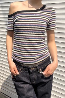Color Block Striped Asymmetrical One-Shoulder Slim Fit Short Sleeve T-Shirt for Women - 2025 Trendy Casual Fashion