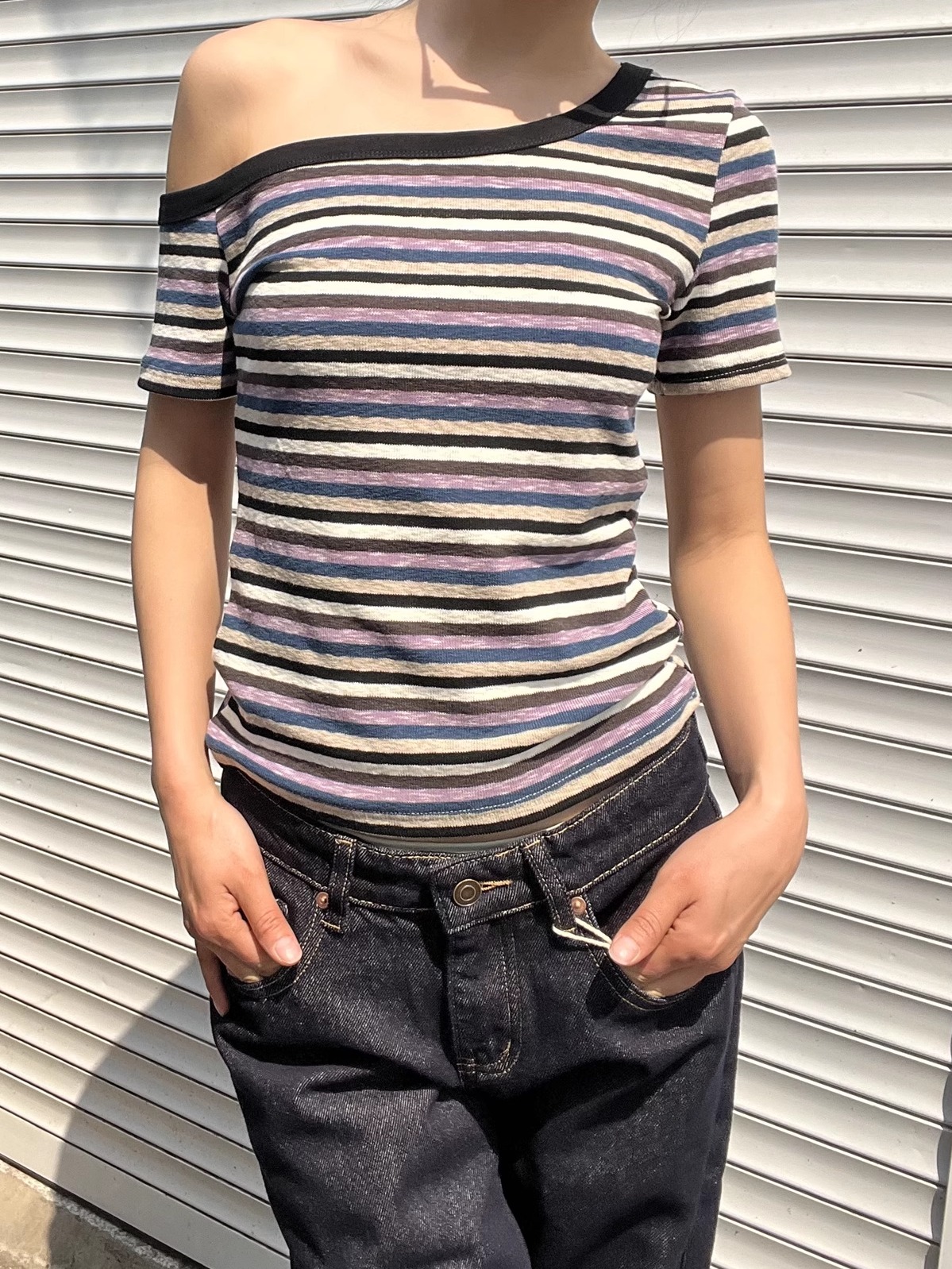 Color Block Striped Asymmetrical One-Shoulder Slim Fit Short Sleeve T-Shirt for Women - 2025 Trendy Casual Fashion Color Block Striped Asymmetrical One-Shoulder Slim Fit Short Sleeve T-Shirt for Women - 2025 Trendy Casual Fashion