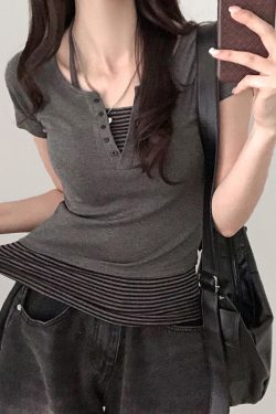 Color-block Striped Halter V-neck Button-up Slim-fit Knit Short Sleeve T-shirt Two-piece Set for Street Style Outfit