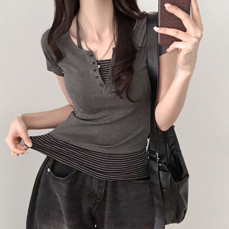 Color-block Striped Halter V-neck Button-up Slim-fit Knit Short Sleeve T-shirt Two-piece Set for Street Style Outfit Color-block Striped Halter V-neck Button-up Slim-fit Knit Short Sleeve T-shirt Two-piece Set for Street Style Outfit