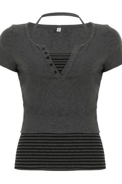 Color-block Striped Halter V-neck Button-up Slim-fit Knit Short Sleeve T-shirt Two-piece Set for Street Style Outfit