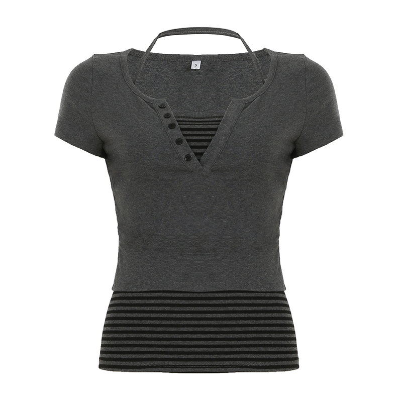 Color-block Striped Halter V-neck Button-up Slim-fit Knit Short Sleeve T-shirt Two-piece Set for Street Style Outfit Color-block Striped Halter V-neck Button-up Slim-fit Knit Short Sleeve T-shirt Two-piece Set for Street Style Outfit