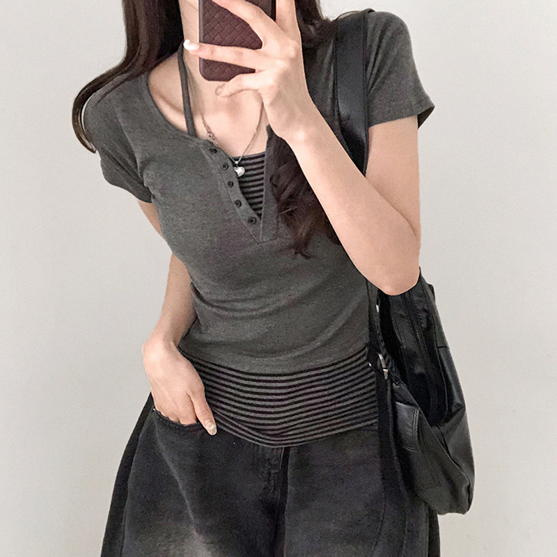 Color-block Striped Halter V-neck Button-up Slim-fit Knit Short Sleeve T-shirt Two-piece Set for Street Style Outfit Color-block Striped Halter V-neck Button-up Slim-fit Knit Short Sleeve T-shirt Two-piece Set for Street Style Outfit