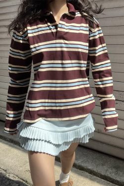 Color Block Striped Long Sleeve T-Shirt with Ultra Short Pleated Skirt - Women's Vintage Spring/Summer Outfit
