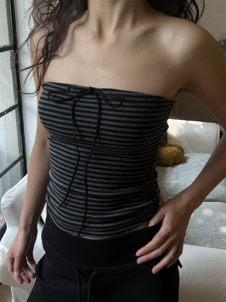 Color Block Striped Strapless Top with Bow Tie - Elastic Slim Fit Women's Shirt, Perfect for 2025 Y2K Fashion Color Block Striped Strapless Top with Bow Tie - Elastic Slim Fit Women's Shirt, Perfect for 2025 Y2K Fashion