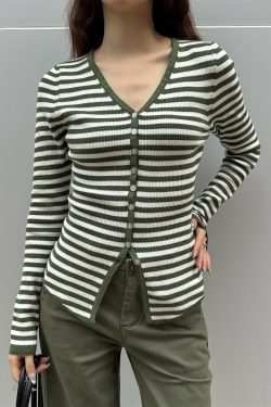 Color Block Striped Textured Button V-Neck High Elastic Slim Fit Knitted Cardigan for Women - 2025 Fashion Essential