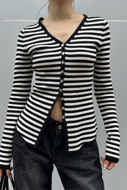 Color Block Striped Textured Button V-Neck High Elastic Slim Fit Knitted Cardigan for Women - 2025 Fashion Essential