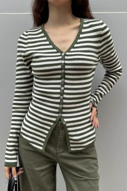 Color Block Striped Textured Button V-Neck High Elastic Slim Fit Knitted Cardigan for Women - 2025 Fashion Essential