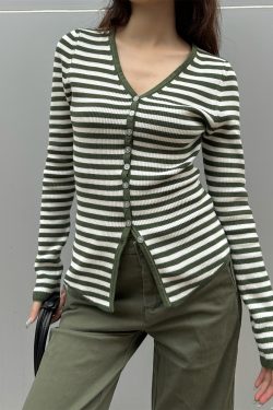 Color Block Striped Textured Button V-Neck High Elastic Slim Fit Knitted Cardigan for Women - 2025 Fashion Essential