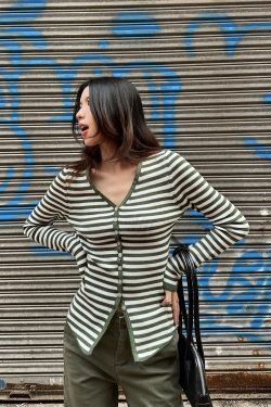 Color Block Striped Textured Button V-Neck High Elastic Slim Fit Knitted Cardigan for Women - 2025 Fashion Essential