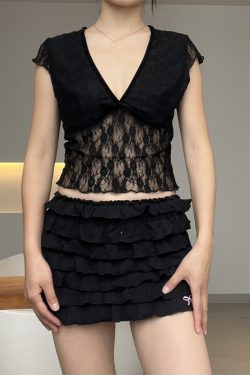 Color-Block V-Neck Lace Bow Chest Design Pullover Crop Short Sleeve T-Shirt for Women - Y2K Inspired Fashion Top