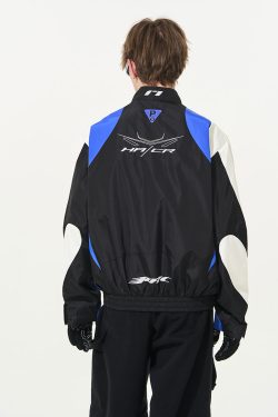 Color-Blocked Embroidered Racing Jacket with Stand Collar - American Racing Style, Inspired by 90s Fashion