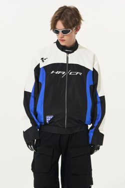 Color-Blocked Embroidered Racing Jacket with Stand Collar - American Racing Style, Inspired by 90s Fashion