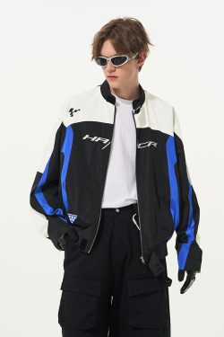 Color-Blocked Embroidered Racing Jacket with Stand Collar - American Racing Style, Inspired by 90s Fashion