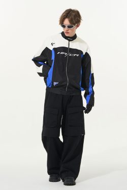 Color-Blocked Embroidered Racing Jacket with Stand Collar - American Racing Style, Inspired by 90s Fashion