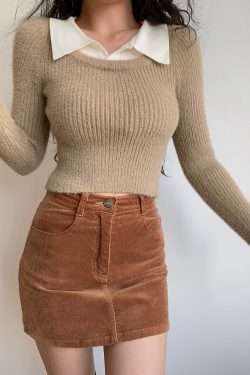 Color-Blocked High-Waisted Polo Collar Long Sleeve Knit Top - American Vintage College Style, Cute 90s Inspired Fashion