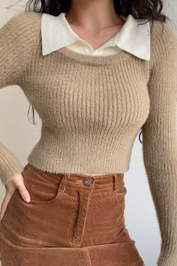Color-Blocked High-Waisted Polo Collar Long Sleeve Knit Top - American Vintage College Style, Cute 90s Inspired Fashion