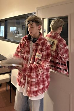 Color-Blocked Plaid Long Sleeve Shirt - Unisex High Street Trendy Jacket for Autumn - 90s American Style