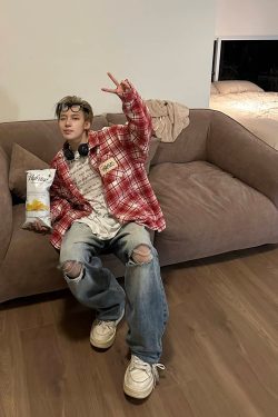 Color-Blocked Plaid Long Sleeve Shirt - Unisex High Street Trendy Jacket for Autumn - 90s American Style