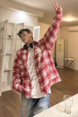 Color-Blocked Plaid Long Sleeve Shirt - Unisex High Street Trendy Jacket for Autumn - 90s American Style