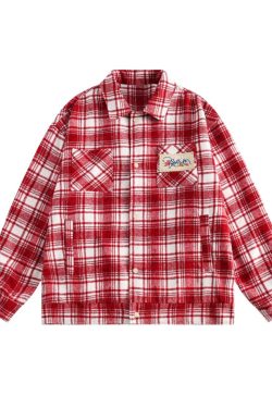 Color-Blocked Plaid Long Sleeve Shirt - Unisex High Street Trendy Jacket for Autumn - 90s American Style