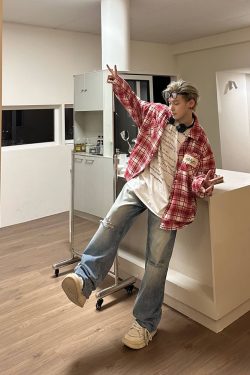 Color-Blocked Plaid Long Sleeve Shirt - Unisex High Street Trendy Jacket for Autumn - 90s American Style