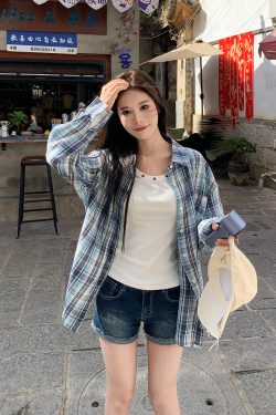 Color-Blocked Plaid Long Sleeve Shirt - Vintage 90s Style Jacket for Spring 2025, Trendy Layering Top