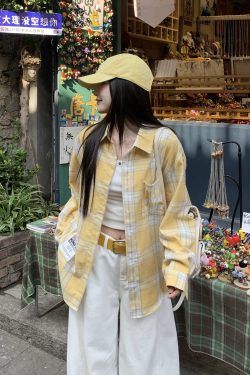 Color-Blocked Plaid Long Sleeve Shirt - Vintage 90s Style Jacket for Spring 2025, Trendy Layering Top