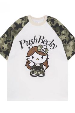 Color-Blocking Camouflage Hello Kitty Raglan Sleeve T-Shirt for Women - Casual 90s Inspired Short Sleeve Top