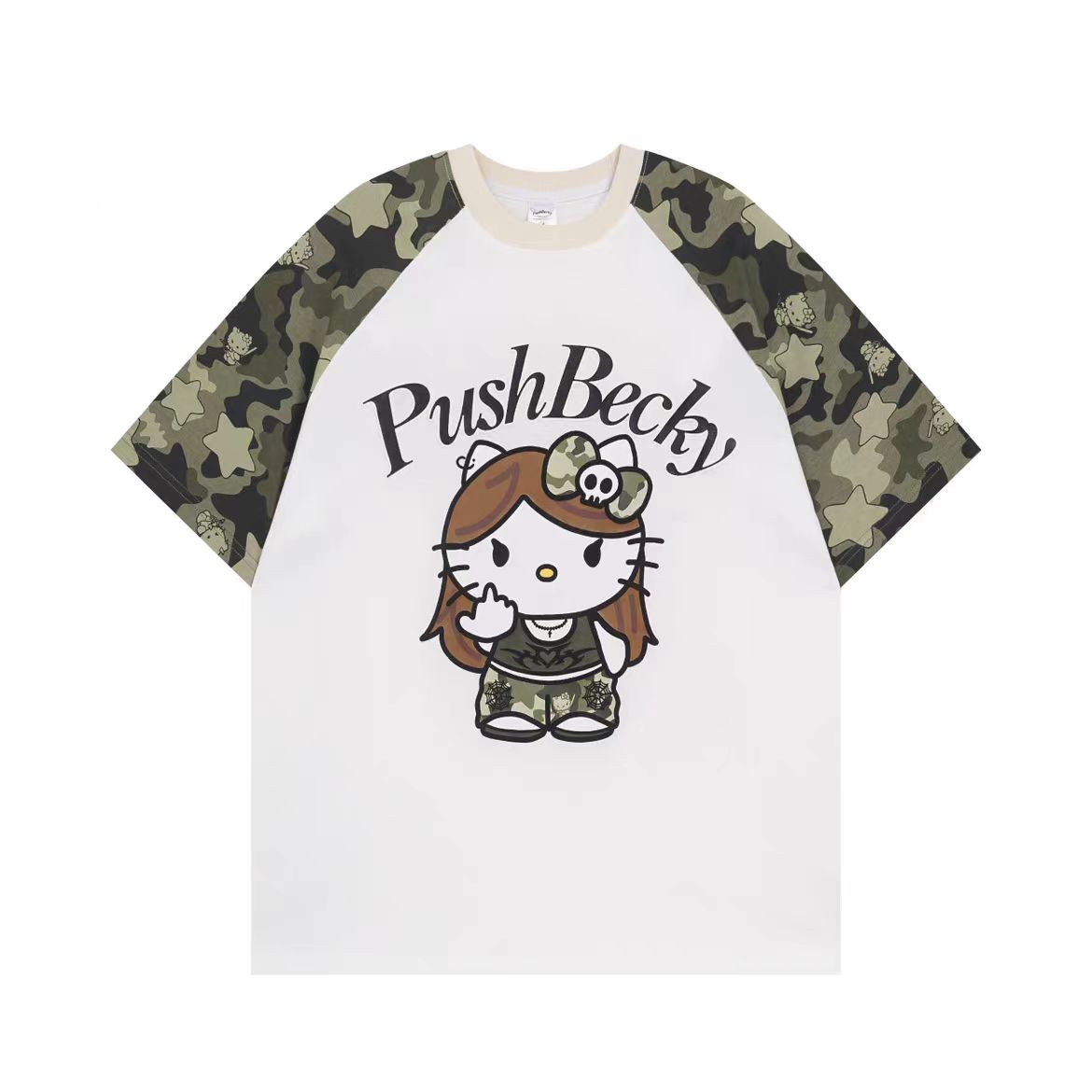 Color-Blocking Camouflage Hello Kitty Raglan Sleeve T-Shirt for Women - Casual 90s Inspired Short Sleeve Top Color-Blocking Camouflage Hello Kitty Raglan Sleeve T-Shirt for Women - Casual 90s Inspired Short Sleeve Top