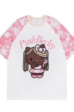 Color-Blocking Camouflage Hello Kitty Raglan Sleeve T-Shirt for Women - Casual 90s Inspired Short Sleeve Top