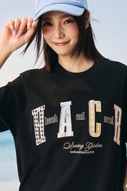 Color-Blocking Floral Patchwork Embroidered Round Neck Loose Short-Sleeve T-Shirt for Kids and Adults - Playful 90s Style