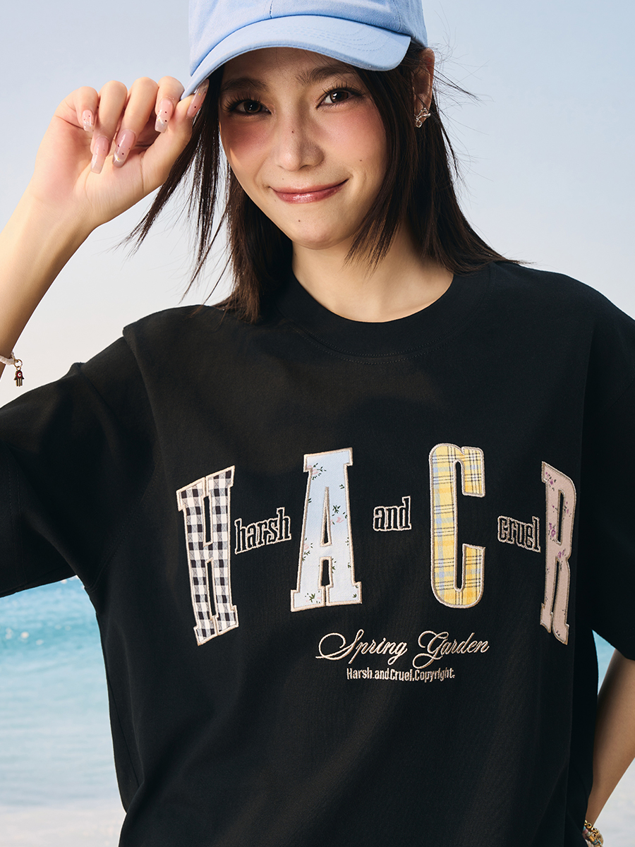 Color-Blocking Floral Patchwork Embroidered Round Neck Loose Short-Sleeve T-Shirt for Kids and Adults - Playful 90s Style Color-Blocking Floral Patchwork Embroidered Round Neck Loose Short-Sleeve T-Shirt for Kids and Adults - Playful 90s Style