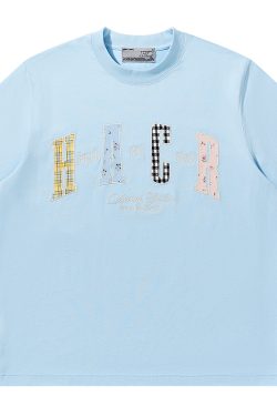 Color-Blocking Floral Patchwork Embroidered Round Neck Loose Short-Sleeve T-Shirt for Kids and Adults - Playful 90s Style