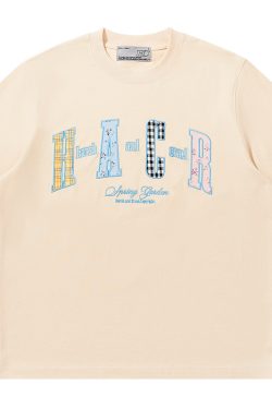 Color-Blocking Floral Patchwork Embroidered Round Neck Loose Short-Sleeve T-Shirt for Kids and Adults - Playful 90s Style