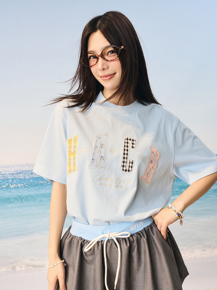 Color-Blocking Floral Patchwork Embroidered Round Neck Loose Short-Sleeve T-Shirt for Kids and Adults - Playful 90s Style Color-Blocking Floral Patchwork Embroidered Round Neck Loose Short-Sleeve T-Shirt for Kids and Adults - Playful 90s Style