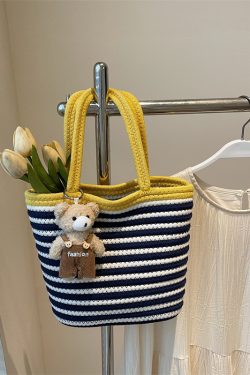 Color-Blocking Striped Woven Shoulder Bag for Women - Versatile Summer 2025 Beach Bucket Bag