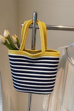 Color-Blocking Striped Woven Shoulder Bag for Women - Versatile Summer 2025 Beach Bucket Bag