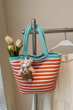 Color-Blocking Striped Woven Shoulder Bag for Women - Versatile Summer 2025 Beach Bucket Bag