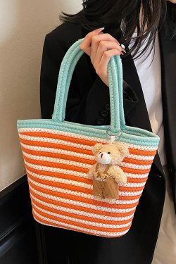 Color-Blocking Striped Woven Shoulder Bag for Women - Versatile Summer 2025 Beach Bucket Bag